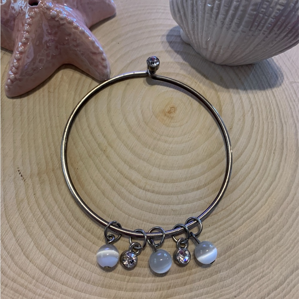 Women’s Silver Charm Bangle Bracelet with White Beads and Crystal Accents